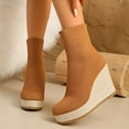 thumbnail image 2 of Platform Wedge Boots for Women Casual Stretch Knit Sock Booties Round Toe Slip on Fall Winter Ankle Boots High Heels Brown Size 6.5, 2 of 7