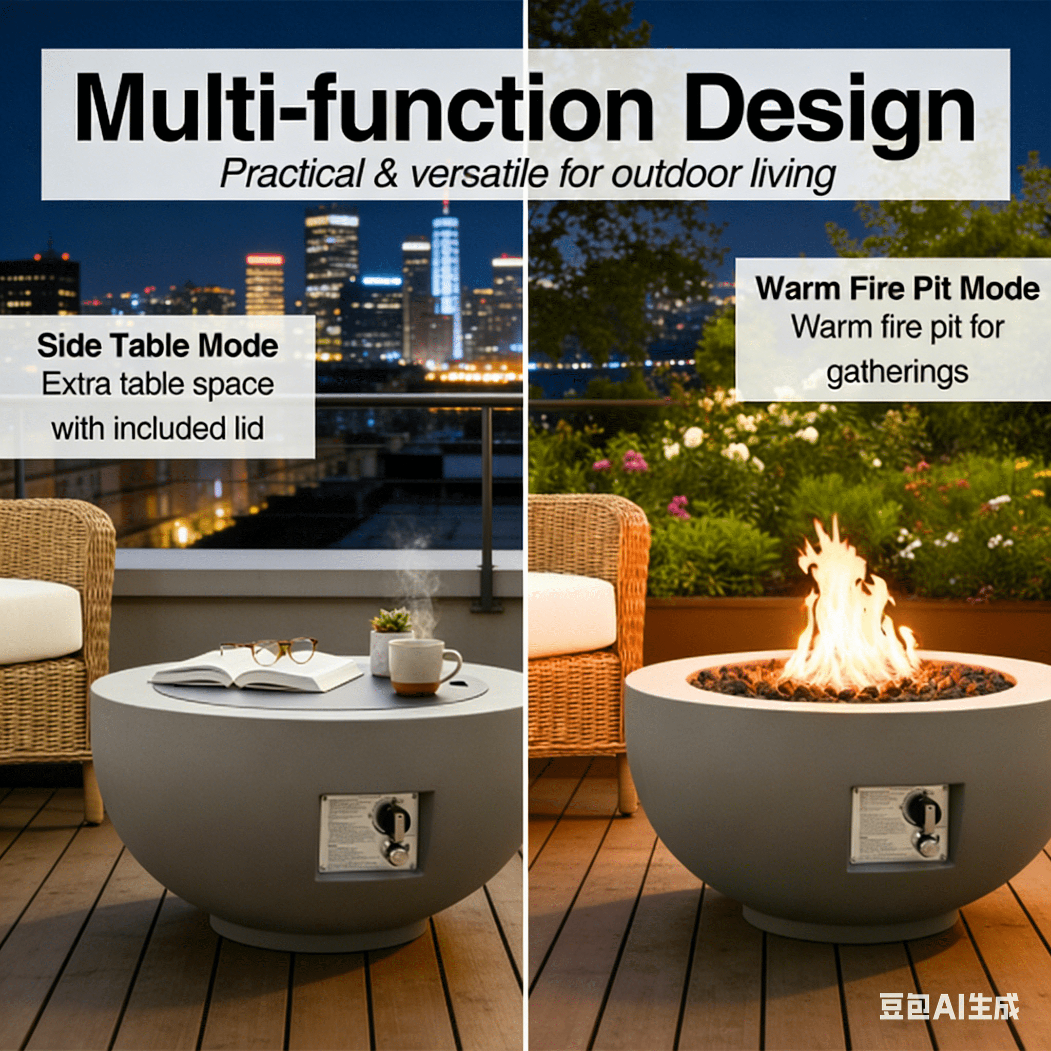 Anykoon 28" Outdoor Round Propane Fire Pit Table, 40,000 BTU Light Concrete Fire Pit with Lava Rocks, Rain Cover & Lid, Light Grey for Patio Garden Deck