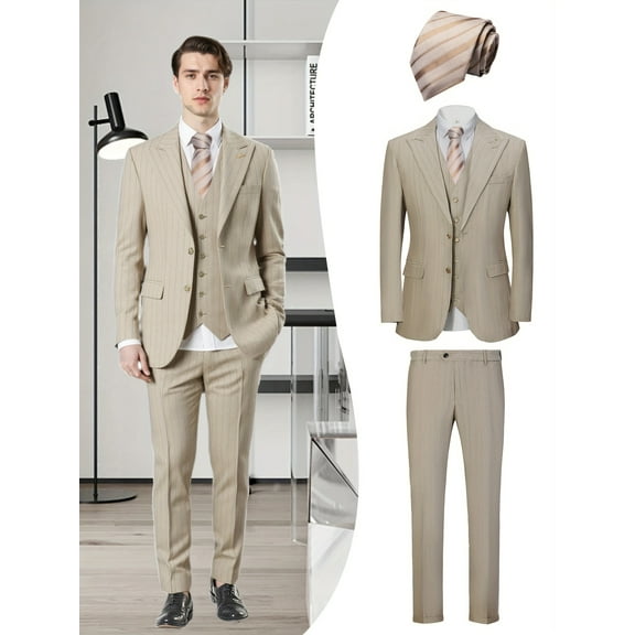 Beauty-Emily Men's 4-Piece Striped Formal Suit Set, Jacket, Vest, Pants, Golden Tie, for Wedding, Business, Party, Banquet, Prom, Formal Events, Graduation