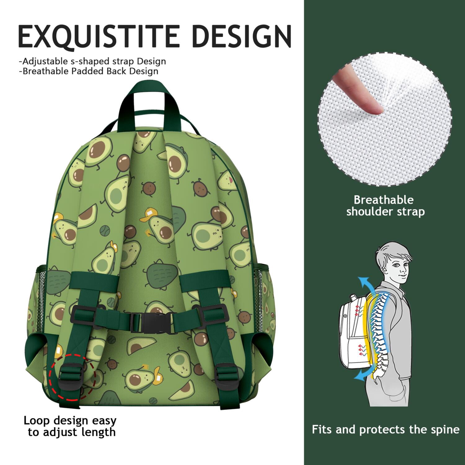 Fresh Avocado Print Backpack for Teens - Waterproof Ergonomic Daypack with Spacious Compartment & Secure Chest Buckle