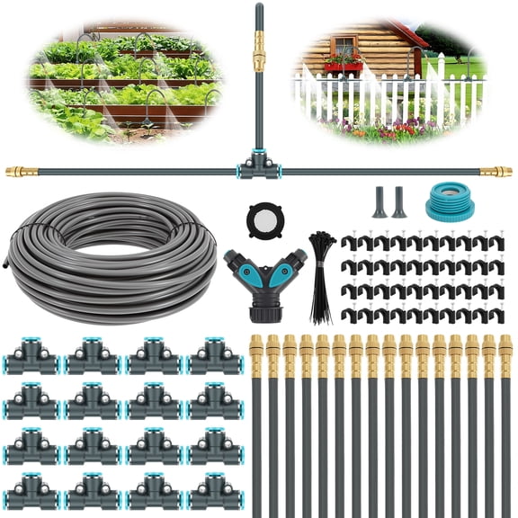 100Ft 1/4inch Drip Irrigation Kit Drip Irrigation System Garden Irrigation Kit with 360° Adjustable Copper Nozzles for Outdoor Greenhouse Lawn