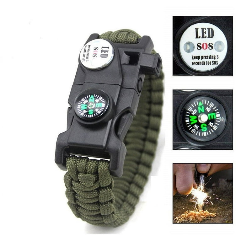 Survival Paracord Bracelet For Men Women, Military Paracord Bracelet Kit  With Flint + Compass + Thermometer + Whistle + Led Light Sos C