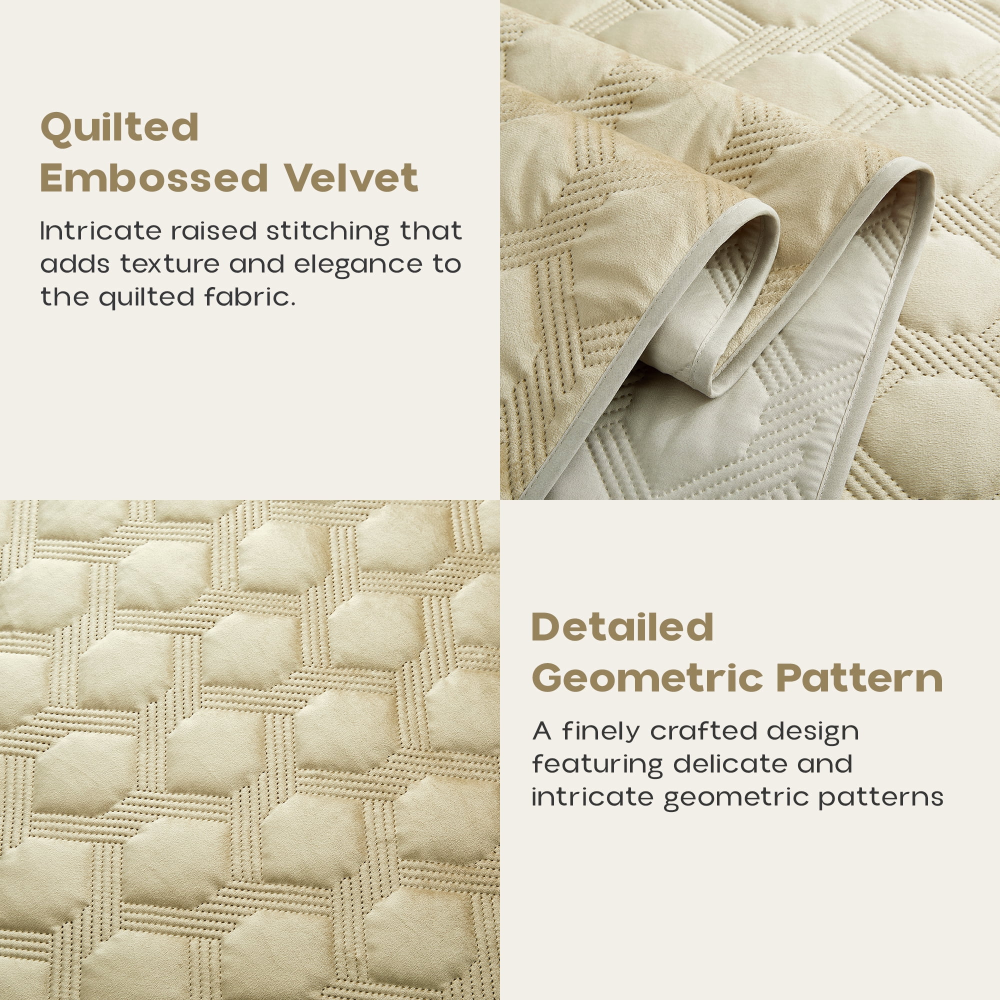 Ameha Velvet Quilt Set 3 Piece Geometric Ultrasonic Embossed Bedspread Reversible 350GSM Soft Microfiber Bedding Beige Full/Queen
