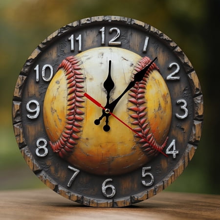 Wall Clock Decorative - Rustic Yellow Baseball Print 2D Vintage Wall Clocks Battery Operated Silent Non-Ticking for Bedroom, Living Room, Kitchen, Office, Classroom, 10 Inch