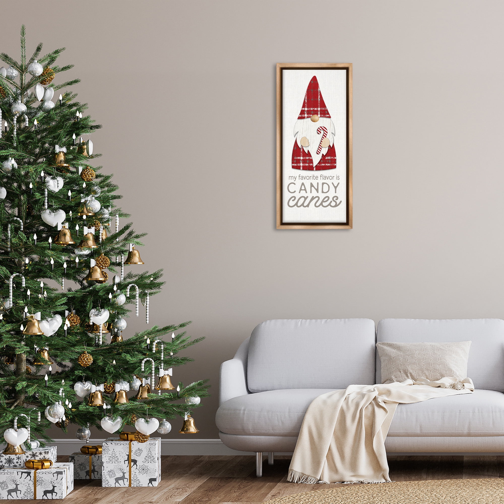 Stupell Industries Christmas Gnome with Candy Cane Holiday Painting Brown Floater Framed Canvas Art Print Wall Art, 15 x 31