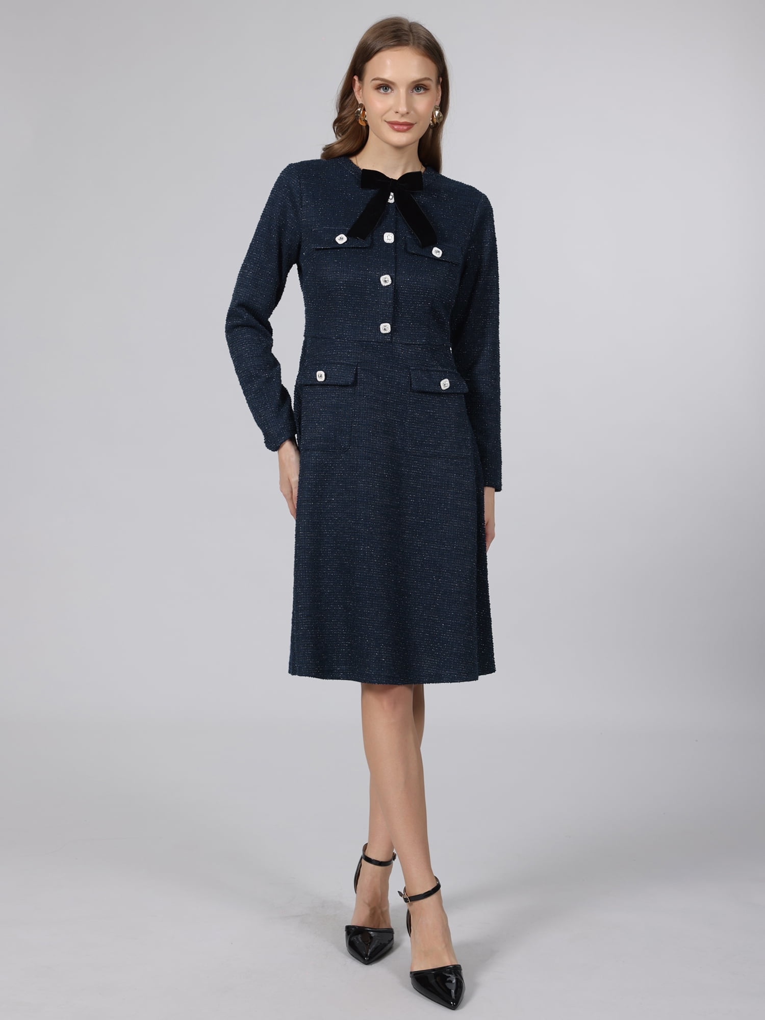 DARING DIVA Women's Tweed Long Sleeves Crew Neck A-Line Design Dress L Navy Blue