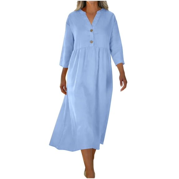 Xdegoge Modest Dresses for Women Relaxed Fit 3/4 Sleeve V-Neck Henley Button Front Midi Dresses Solid Color Flowy Fit Flare Casual Spring Fall Outfits