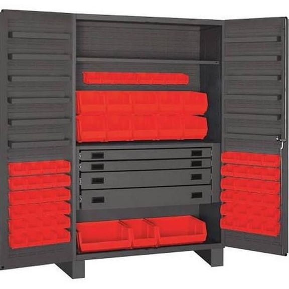 14 Gauge Flush Style 12 Door Shelves Lockable Cabinet with 69 Red Hook on Bins & Adjustable Shelf & 4 Drawers, Gray - 48 in.