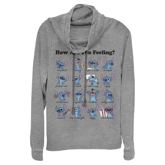 Junior's Lilo & Stitch How Are You Feeling Cowl Neck Sweatshirt Gray Heather X Large