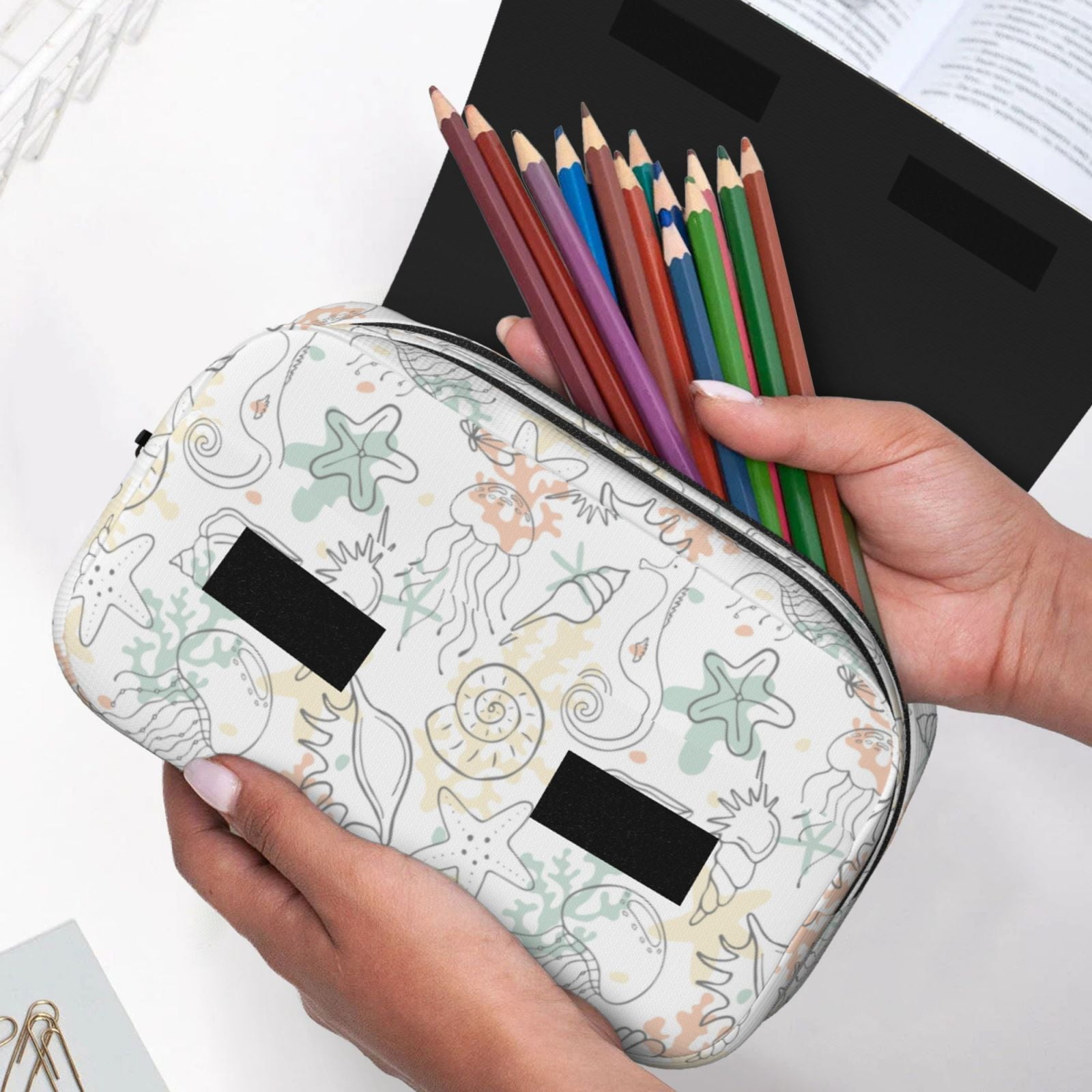 Rateoe Sea Animals Pattern Double Clamshell Pen Case, Storage Organizer with Two Zipper Compartments– Holds Up to 50 Pencils & Pens