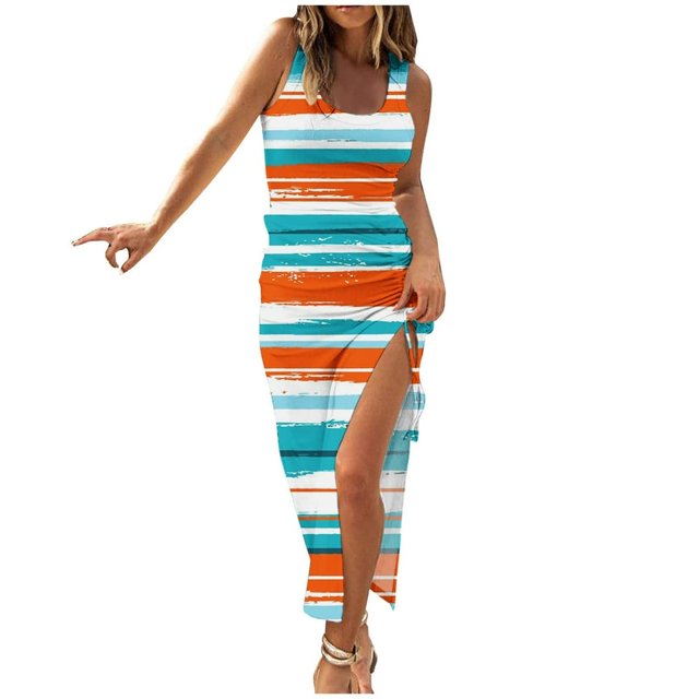 Robes d'Été pour les Femmes à la Mode Sans Manches Taille Haute Boho Cordon Côtelé Robe de Soleil Ruché Sexy Haute Fente Robe Maxi