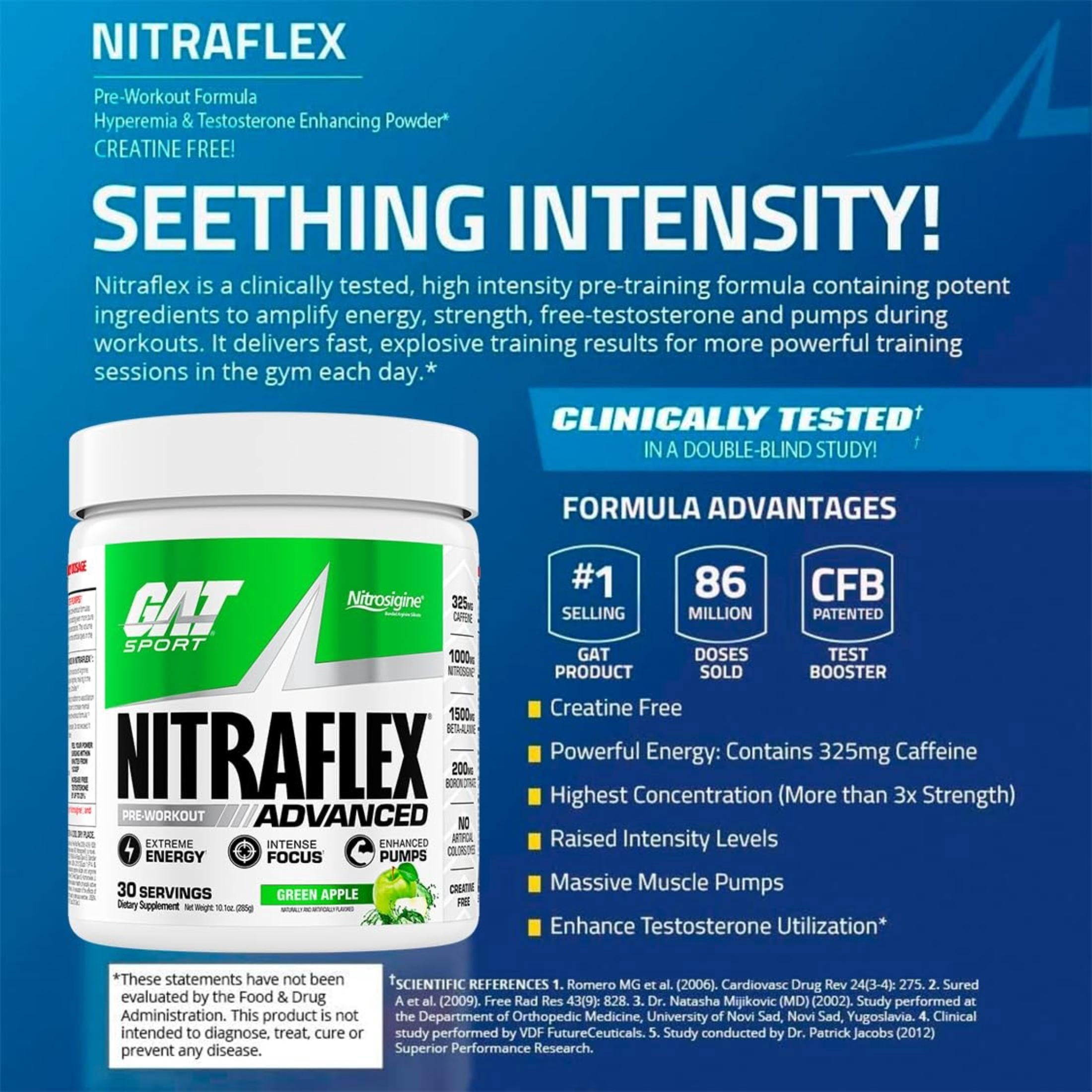 GAT SPORT Nitraflex Advanced Pre-Workout Powder, Increases Blood Flow, Boosts Strength and Energy, Improves Exercise Performance, Creatine-Free (Green Apple, 30 Servings)