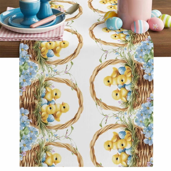 Easter Egg Table Runner, Cute Chicken Cotton Linen Kitchen Table Decoration Washable Dining Tabletop Runners for Home Party Decor 13x36 Inches