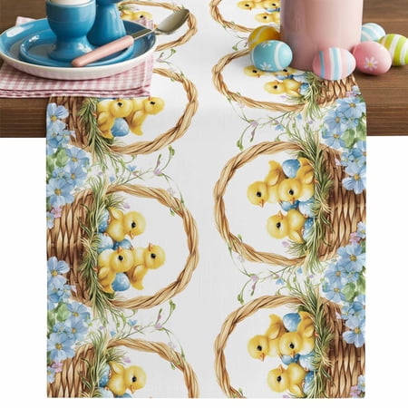 Easter Egg Table Runner Cute Chicken Cotton Linen Kitchen Table Decoration Washable Dining Tabletop Runners for Home Party Decor 13x108 Inches