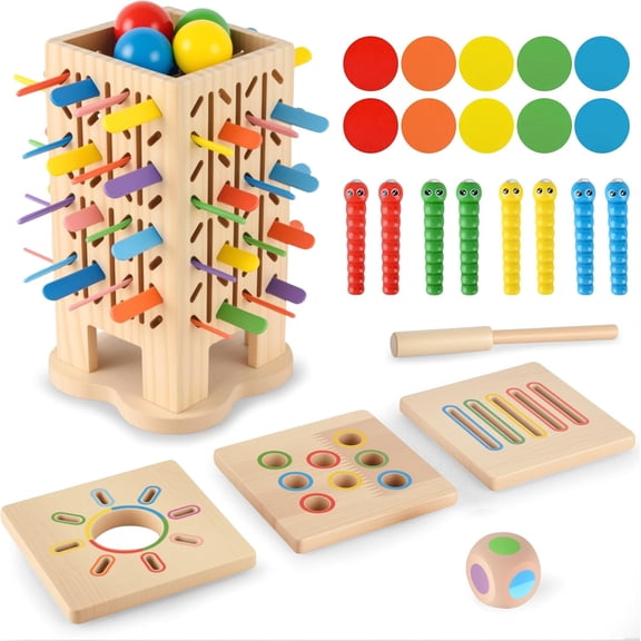 5-in-1 Montessori Wooden Board Game Set, Educational Color Sorting and Fine Motor Skills Toy for Kids Ages 3-6 Years, Includes Sticks, Balls, Dice, Lids, Discs and Worms