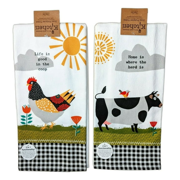 Set of 2 FARM CHARM Chicken & Cow Terry Kitchen Towels by Kay Dee Designs