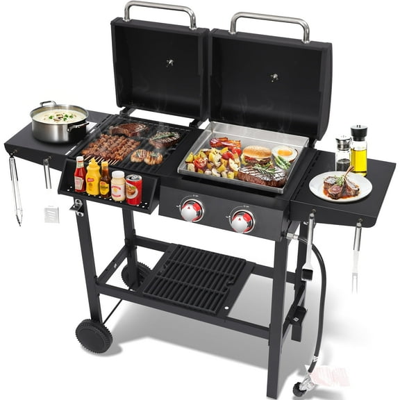 Charcoal and 2-Burner Propane Gas Combo Grill with Stainless Steel Griddle & Porcelain-enameled Cast Iron Grates, Dual Fuel BBQ Combo Grill for Outdoor Cooking