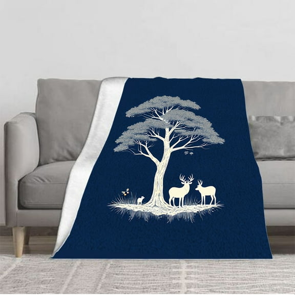 Durable Soft and Warm Flannel Blanket - Minimalistic Forest Design with Serene Tree Deer and Bird - Cozy for Sofa Travel Bed and Chair