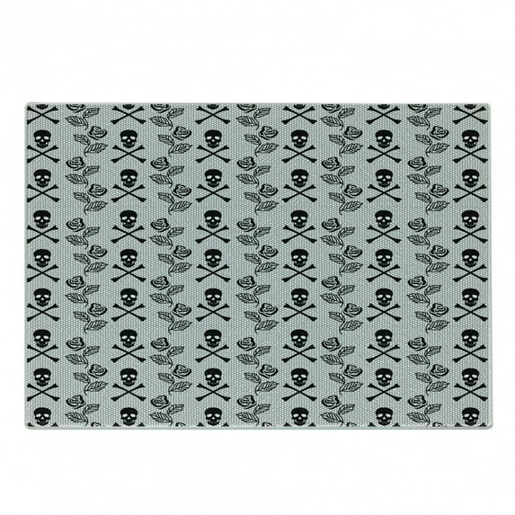 Gothic Cutting Board, Monochrome Lace Style Pattern with Romantic Vintage Roses and Skulls Crossbones, Decorative Tempered Glass Cutting and Serving Board, Small Size, Black White, by Ambesonne