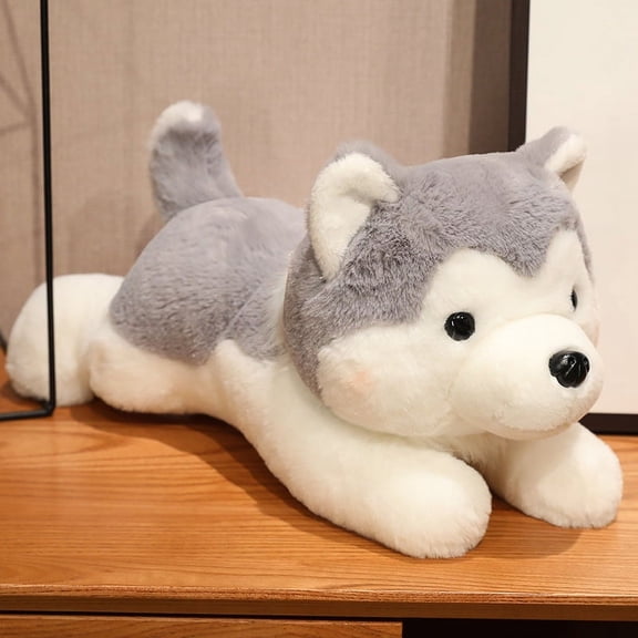 Lying Husky Plush Pillow, Soft Fluffy Dog Stuffed Animal for Kids & Home Decor