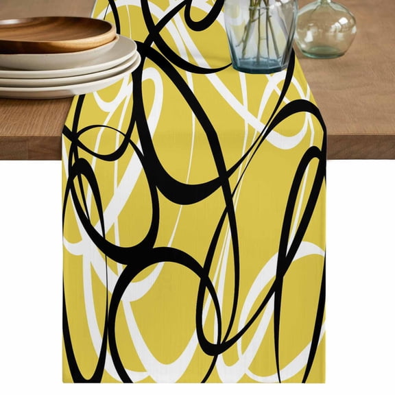 Table Runner 48 Inches Long for Kitchen Dining, Yellow Geometric Dresser Scarf Farmhouse, Dining Table Decorations for Wedding/Parties, Farmhouse Abstract Black White Striped 13 x 48 In