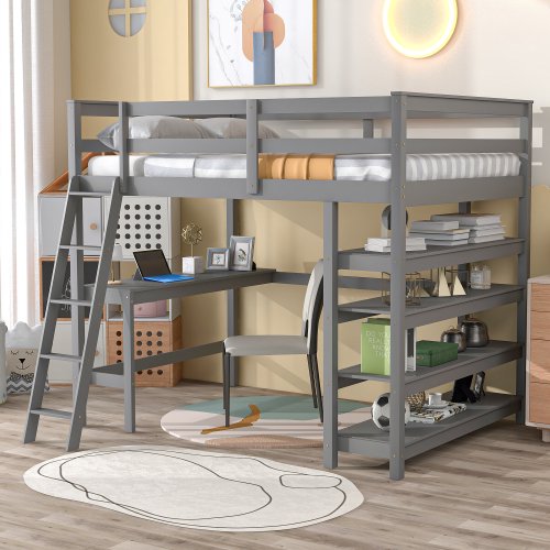 Full Size Loft Bed with Desk and Storage Shelves, Full Loft Bed with