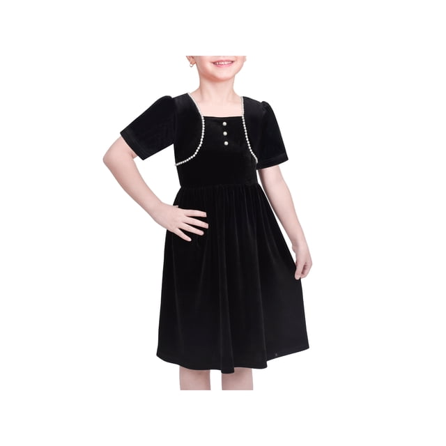 Robe Fille Noire en Velours Manches Courtes Perle Vintage Fête Décontractée Vacances 7 Ans