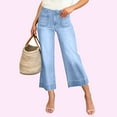 thumbnail image 4 of Wide Leg Jeans for Women Trendy High Waisted Flare Jeans Cropped Denim Pants Stretchy Baggy with Patch Pockets Blue M, 4 of 5