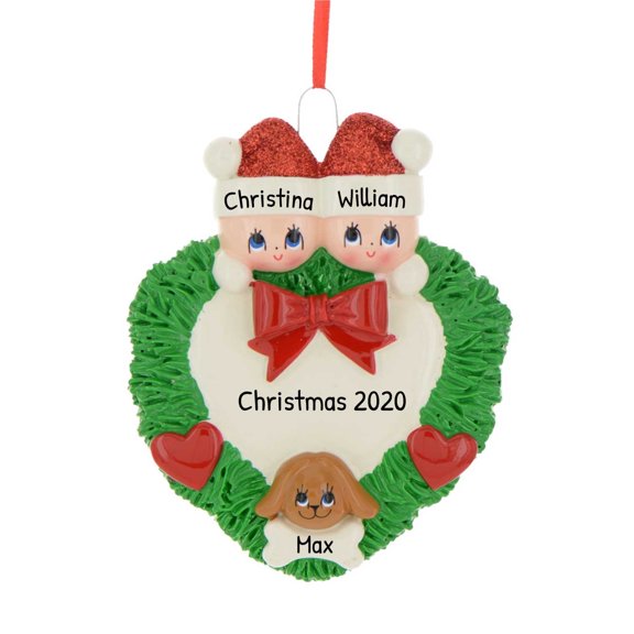 Ornaments by Elves Personalized Wreath Couple with Dog Ornament Holiday Keepsake Christmas Décor