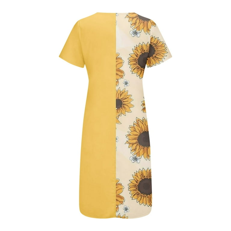 SXAURA Women's V-Neck Short Sleeve Sunflower Print Dress