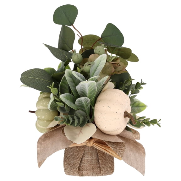 Leaves and Pumpkins Artificial Arrangement in Burlap Pot, Green and Cream, 10", Fall by Way To Celebrate