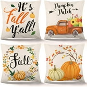 JoyX Fall Pillow Covers 18×18 Inch Set of 4 Autumn Pumpkin Pillow Covers Holiday Rustic Linen Pillow Case for Sofa Couch Farmhouse Thanksgiving Fall Decorations Throw Pillow Covers