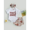 thumbnail image 2 of Bagilaanoe 3pcs Newborn Baby Girl Short Pants Set Short Sleeve Letter Print Romper Tops + Shorts + Headband 3M 6M 12M 18M Infant Casual Summer Outfits, 2 of 8