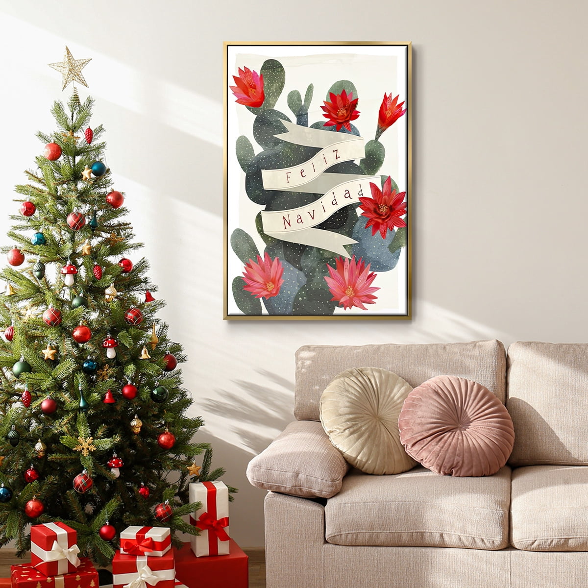 Desert Christmas Cactus I - Framed Gallery Wrapped Holiday Canvas - 17 x 25 - Gold Frame