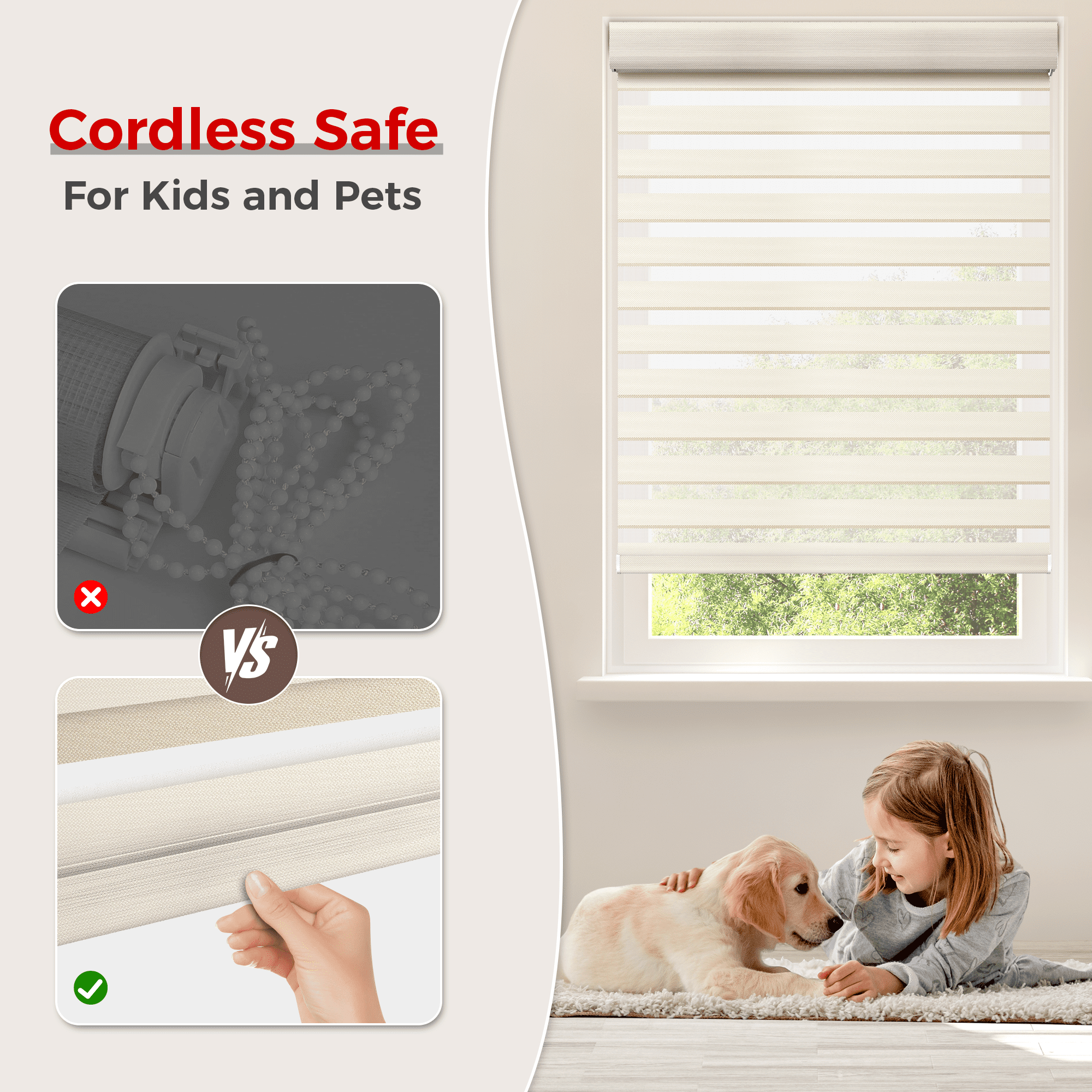 Allesin Zen No Drill No Tools Cordless Zebra Blinds, Beige, 29"Wx48"H