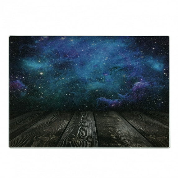 Galaxy Cutting Board, Outer Space View from Rustic Wooden Deck Blue Nebula Star Night, Decorative Tempered Glass Cutting and Serving Board, Small Size, Purple Blue Brown, by Ambesonne