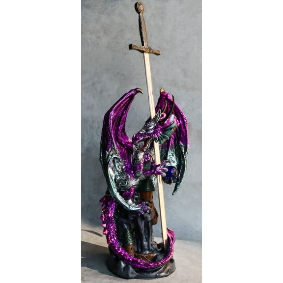 Purple Elite Knight Armored Dragon With Bronze Sword Letter Opener Figurine