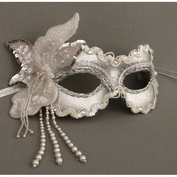 Gala in White and Silver Flower Beaded Masquerade Mask