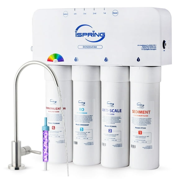 iSpring RO5004F-AK Alkaline Reverse Osmosis Water Filter with UV, 500 GPD, pH , 2:1 Pure to Drain, Tankless Remineralization RO System Under Sink with Boost Pump, Filter Life Monitor
