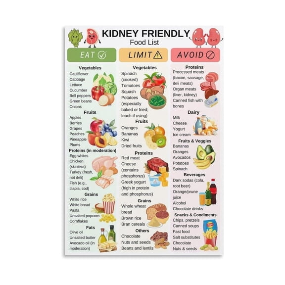 Kidney Health Reminder Poster Renal Friendly Food List Chart With Bell Peppers Garlic Fish Wall Art Decor For Living Room Kitchen Home Office