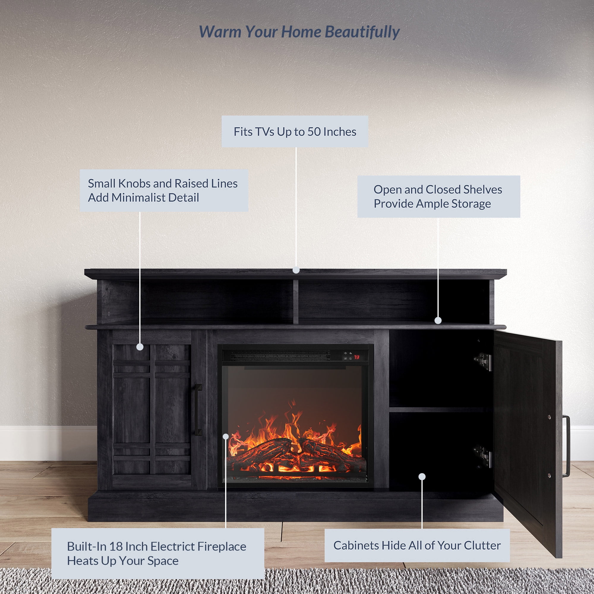 BELLEZE 47 TV Stand with 18 Electric Fireplace, Modern Electric Fireplace  TV Stand for TVs up to 50, Entertainment Media Stand with Storage -  Norrell (Espresso) - Walmart.com