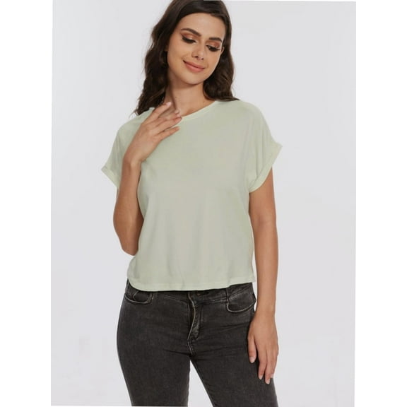 Womens Short Sleeve Cropped T-shirts Summer Rolled Dolman Sleeve Crop Tops Casual Round Neck Solid Short Basic Tees