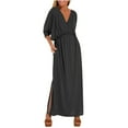 thumbnail image 2 of TAGOLD Womens Short Sleeve V-Neck Ankle Dress Solid Color High Waist Slit Loose Summer Casual Wear, 2 of 5
