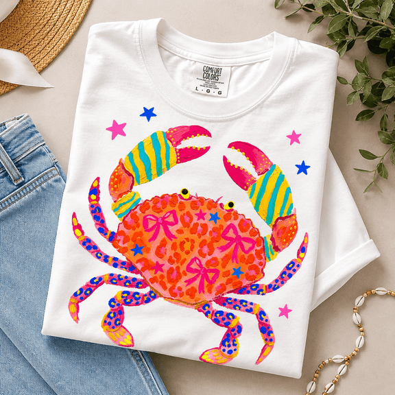 Coquette Preppy Comfort Colors Shirt, Pink Bow Crab Leopard Tee, Cute Coastal Summer Beach Gift for Women, Trendy Maximalist, Unisex