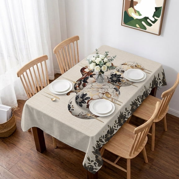 Fall Thanksgiving Table Cloth Waterproof Tablecloths, Pumpkin Gray Floral Botanical Rustic Burlap Tablecloth Dining Table Cover for Kitchen Party Tabletop Outdoor, Rectangle Tablecloth 52x70 Inch