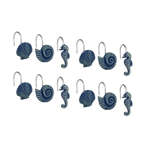 Seashell Shower Curtain Hooks, Blue Ocean Coastal Decorative Resin Rings, Nautical Bathroom Decor, Set of 12