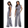 thumbnail image 3 of Traje Informal Sin Mangas Plisado con Cuello Redondo para Mujer, Chaleco de Cuello Redondo, Pantalón de Pierna con Bolsillo, Gris , Talla L, 3 of 7