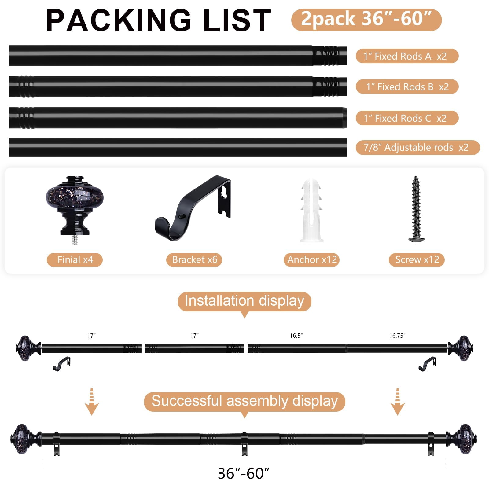2 Pack Black Crystal Curtain Rods For Windows 30 To 56 Inch  Decorative Vintage 1'' Diameter Rod With Foil Finial Adjustable Heavy Duty Easy Install Drapery Pole Set Farmhouse