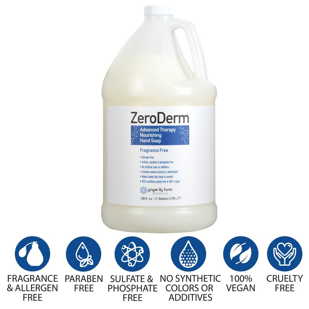 Ginger Lily Farms Botanicals ZeroDerm Advanced Therapy Nourishing Liquid Hand Soap Refill, 100% Vegan & Cruelty Free, Fragrance Free, 1 Gallon (128 Fl. Oz.)