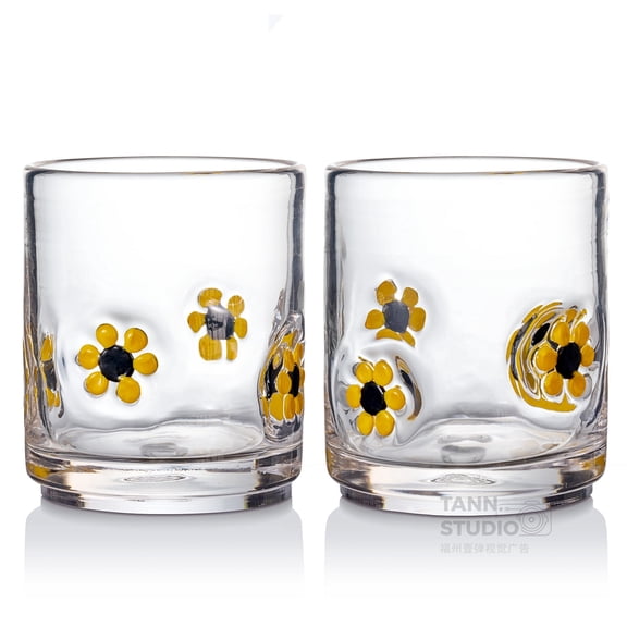 Hand-Blown Sunflower Glass Set | Embossed Flower Tumblers, 16 oz